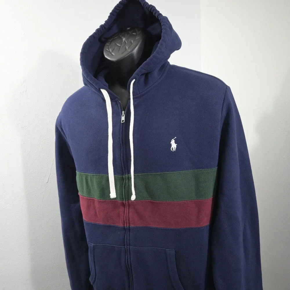 Polo Ralph Lauren Full Zip Hoodie Mens L Navy Blue Green Maroon Colorblock Pony